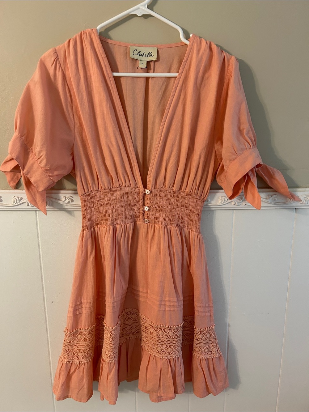 Cleobella Peach Tie-Sleeve V-Neck Tiered Dress Peach M